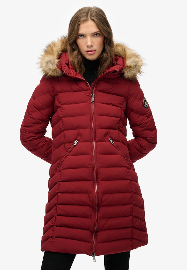 Superdry Steppjacke »FUJI FAUX FUR HOOD MID LENGTH« mit Kapuze Slim Fit, mit Reißverschluss, aus Polyester und Kunstfaser