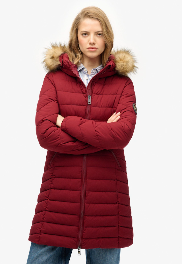 Superdry Steppjacke »FUJI FAUX FUR HOOD MID LENGTH« mit Kapuze Slim Fit, mit Reißverschluss, aus Polyester und Kunstfaser