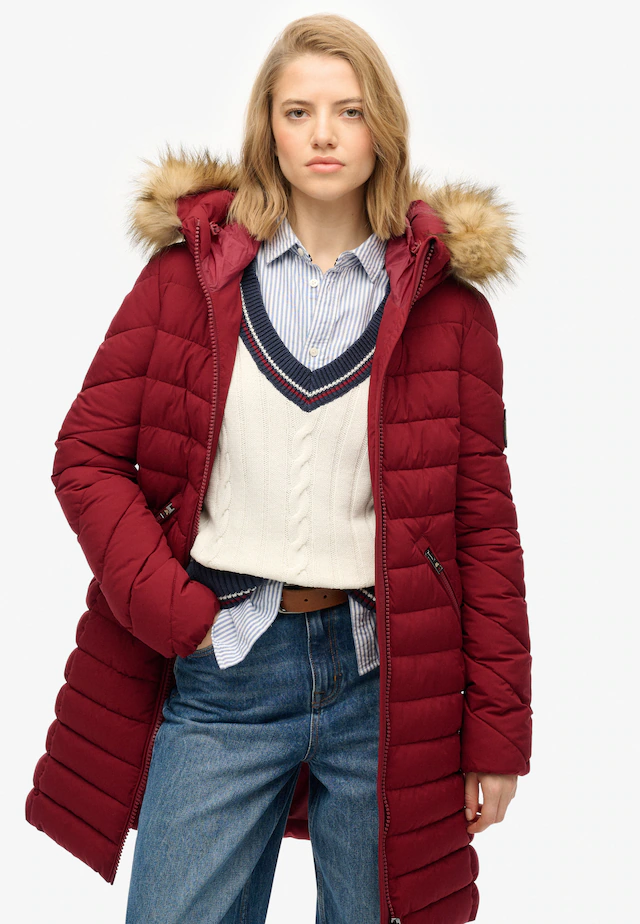 Superdry Steppjacke »FUJI FAUX FUR HOOD MID LENGTH« mit Kapuze Slim Fit, mit Reißverschluss, aus Polyester und Kunstfaser