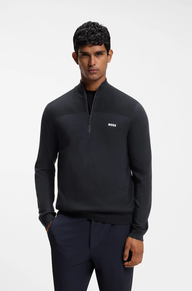 BOSS GREEN Strickpullover Stehkragen mit Reißverschluss, Regular Fit, Woll-Anteil
