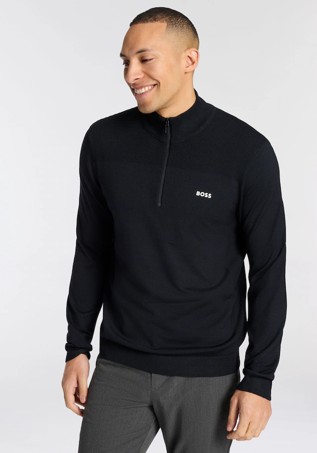 BOSS GREEN Strickpullover Stehkragen mit Reißverschluss, Regular Fit, Woll-Anteil