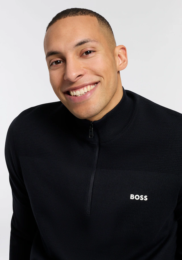 BOSS GREEN Strickpullover Stehkragen mit Reißverschluss, Regular Fit, Woll-Anteil