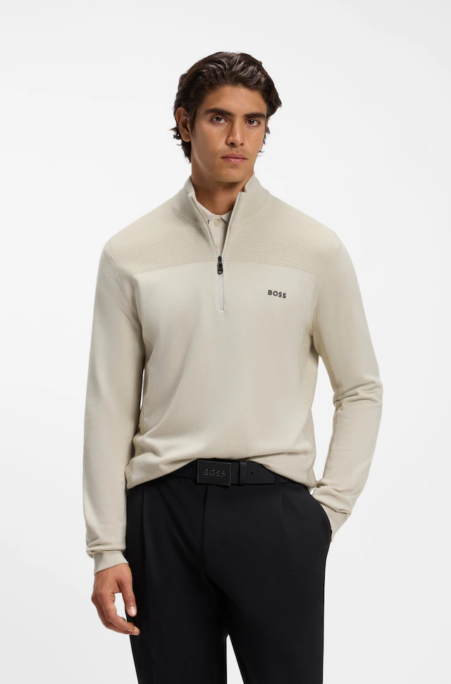 BOSS GREEN Strickpullover Stehkragen mit Reißverschluss, Regular Fit, Woll-Anteil
