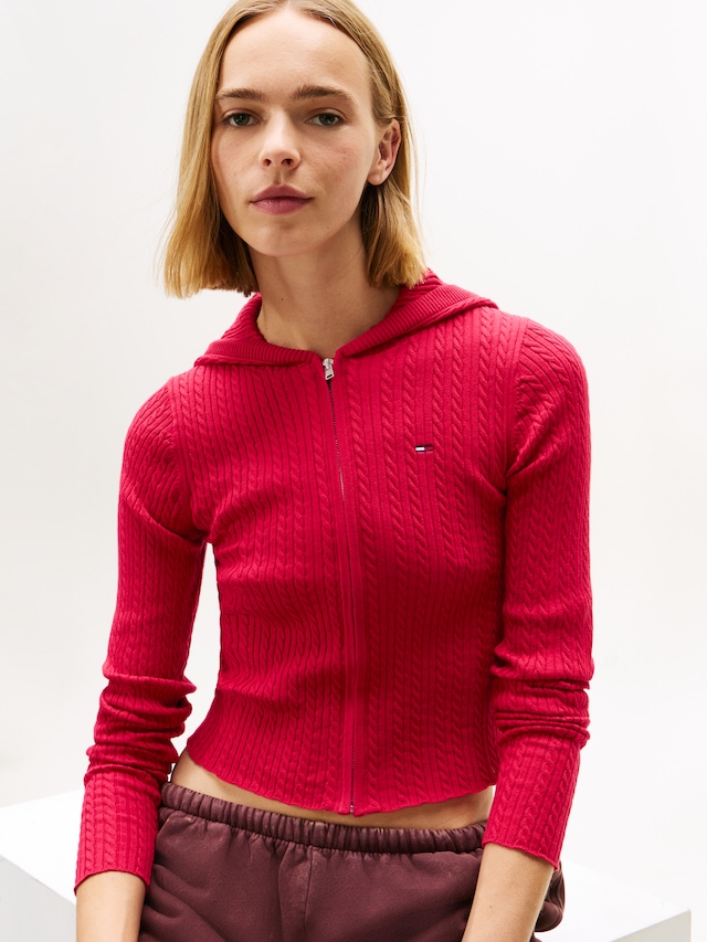 Tommy Jeans Strickjacke »TJW ESSENTIAL ZIPPER HOOD CARDI« mit Zopfstrickmuster und Kapuze