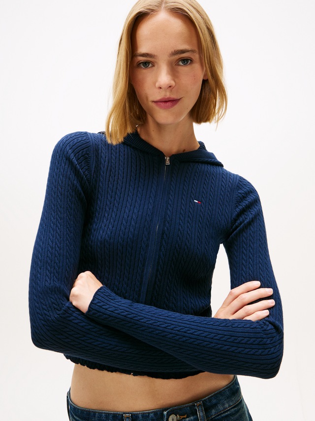 Tommy Jeans Strickjacke »TJW ESSENTIAL ZIPPER HOOD CARDI« mit Zopfstrickmuster und Kapuze