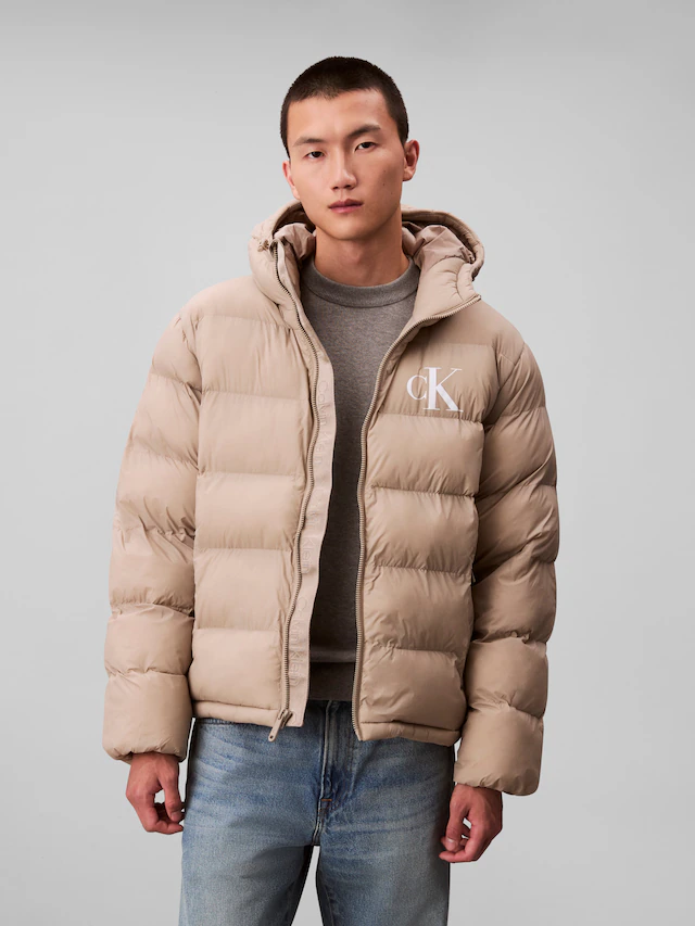 Calvin Klein Jeans Steppjacke »LS NYLON MONOGRAM PUFFER JKT« ohne Kapuze Mit Rundhalsausschnitt, regular fit