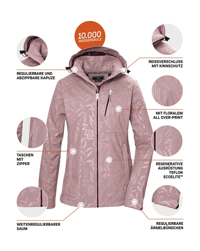 Killtec Softshelljacke »KOS 122 WMN SFTSHLL JCKT FLORAL« Softshelljacke: Wind- und wasserdicht, atmungsaktiv, Kapuze abzippbar