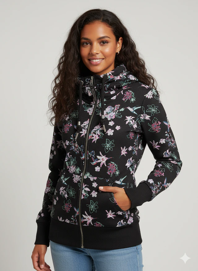 Ragwear Sweatjacke »NESKA ZIP FLOWERS O« figurbetont mit floralem Allover-Print und großer Kapuze