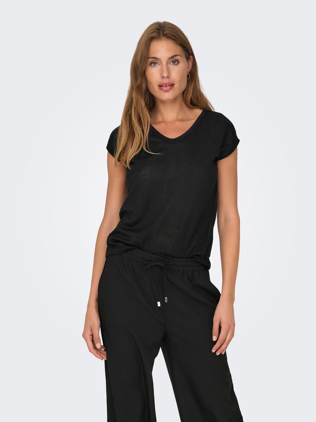 ONLY Kurzarmshirt »ONLSILVERY S/S V NECK LUREX TOP JRS NOOS« Materialmix mit Glitzer, loose fit, Rundhals