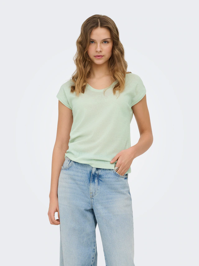 ONLY Kurzarmshirt »ONLSILVERY S/S V NECK LUREX TOP JRS NOOS« Materialmix mit Glitzer, loose fit, Rundhals