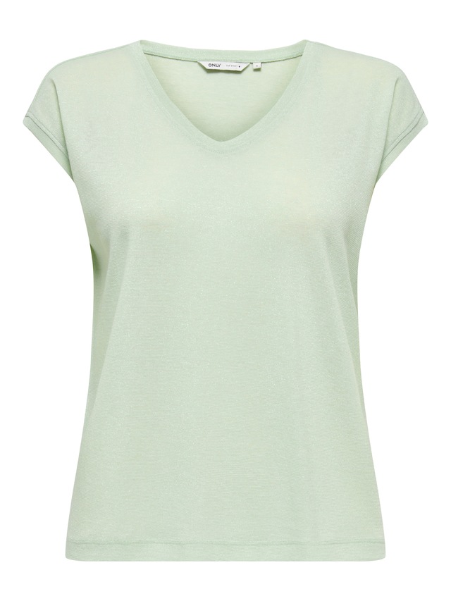 ONLY Kurzarmshirt »ONLSILVERY S/S V NECK LUREX TOP JRS NOOS« Materialmix mit Glitzer, loose fit, Rundhals