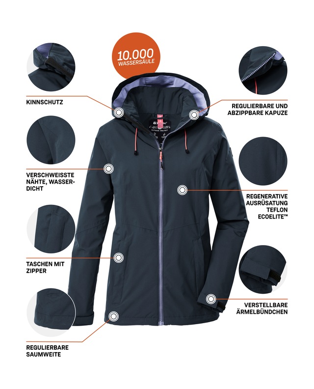 Killtec Outdoorjacke »Damen Regenjacke OOKS 1« Leichte, wasser- und winddichte Jacke, atmungsaktiv, abnehmbare Kapuze