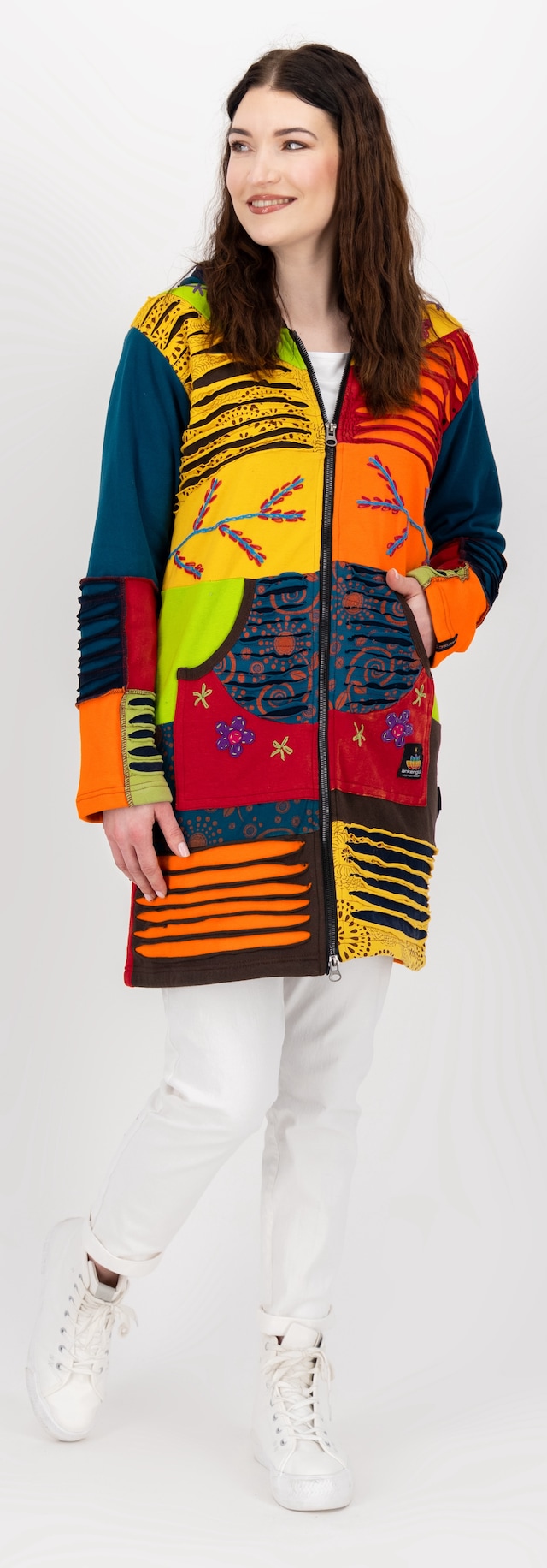DEPROC Active Fleecejacke »Patchwork NUNAVUT LONG WMN« mit Kapuze auch in Großen Größen erhältlich
