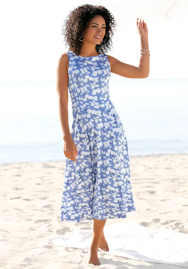 Beachtime by Lascana Midikleid »mit ausgestelltem Rockteil mit Blumendruck, Jerseykleid« Ohne Taschen Elegantes Sommerkleid, Druckkleid, A-Linien-Kleid, casual-chic