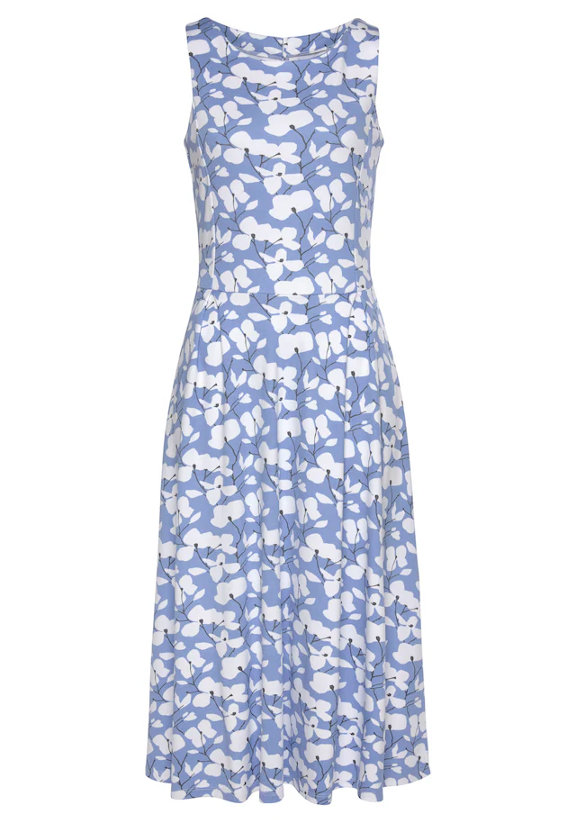 Beachtime by Lascana Midikleid »mit ausgestelltem Rockteil mit Blumendruck, Jerseykleid« Ohne Taschen Elegantes Sommerkleid, Druckkleid, A-Linien-Kleid, casual-chic