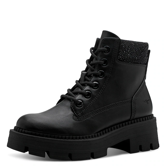 Tamaris Schnürboots , Blockabsatz, Schnürstiefelette mit glänzenden Strasssteinen besetzt