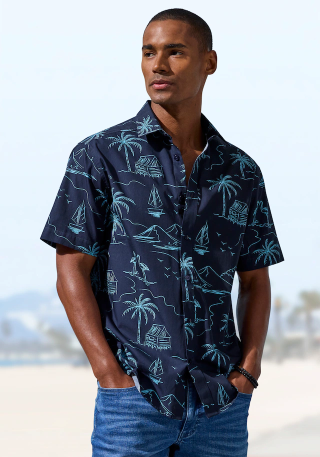 John Devin Hawaiihemd », sommerliches Kurzarmhemd mit kontrastfarbigem Palmen Druck«