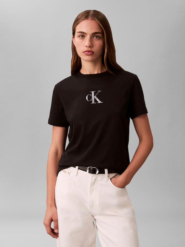 Calvin Klein Jeans T-Shirt Regular Fit, glänzender Logodruck, Rundhalsausschnitt