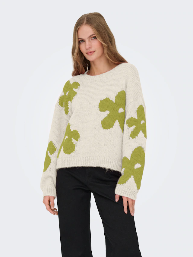 ONLY Strickpullover »ONLBOOTLE LIFE LS FLOWER O-NECK KNT« Kunstfaser, loose fit
