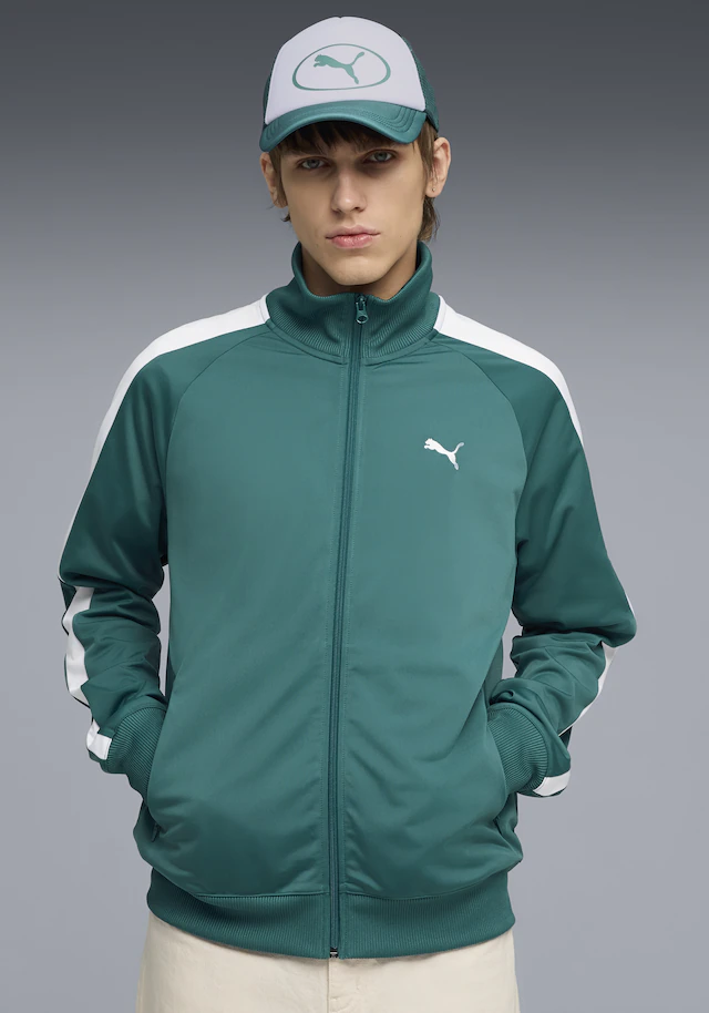 PUMA Trainingsjacke »T7 FOUNDATION POLY TRACK JACKET« ohne Kapuze mit Stehkragen, mit Reißverschlusstaschen, Regular Fit