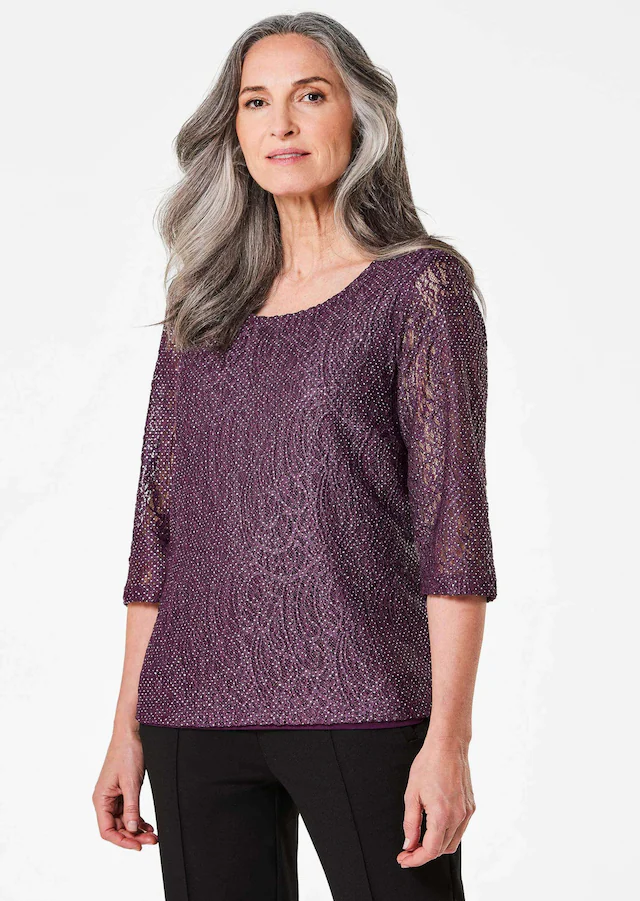 GOLDNER Kurzarmbluse »Kurzgröße Elegantes Blusenshirt mit Glanzeffekt« Blickdicht durch eingearbeitetes Top
