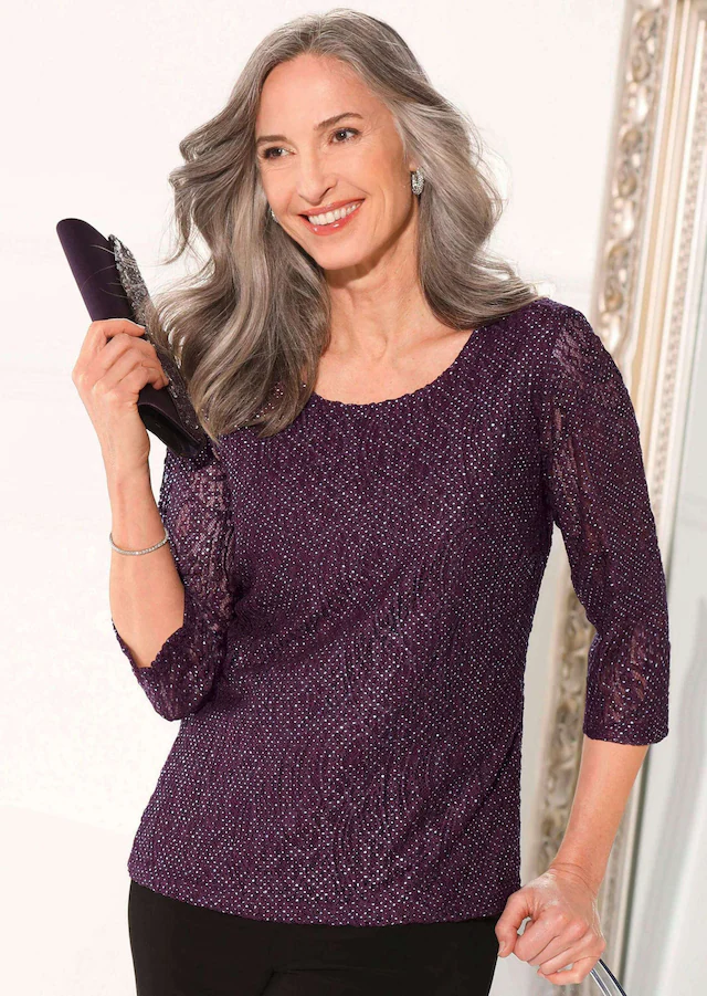 GOLDNER Kurzarmbluse »Kurzgröße Elegantes Blusenshirt mit Glanzeffekt« Blickdicht durch eingearbeitetes Top