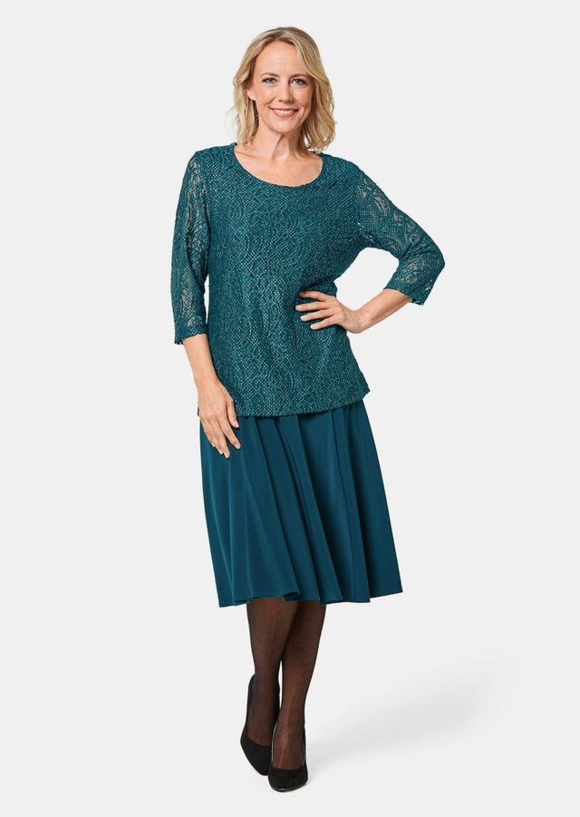 GOLDNER Kurzarmbluse »Kurzgröße Elegantes Blusenshirt mit Glanzeffekt« Blickdicht durch eingearbeitetes Top