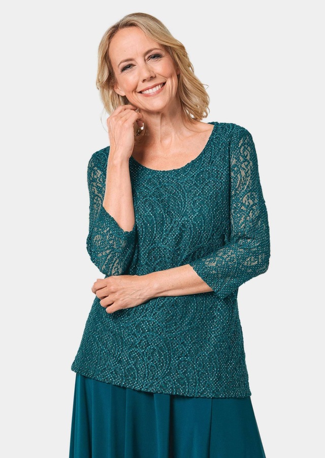 GOLDNER Kurzarmbluse »Kurzgröße Elegantes Blusenshirt mit Glanzeffekt« Blickdicht durch eingearbeitetes Top