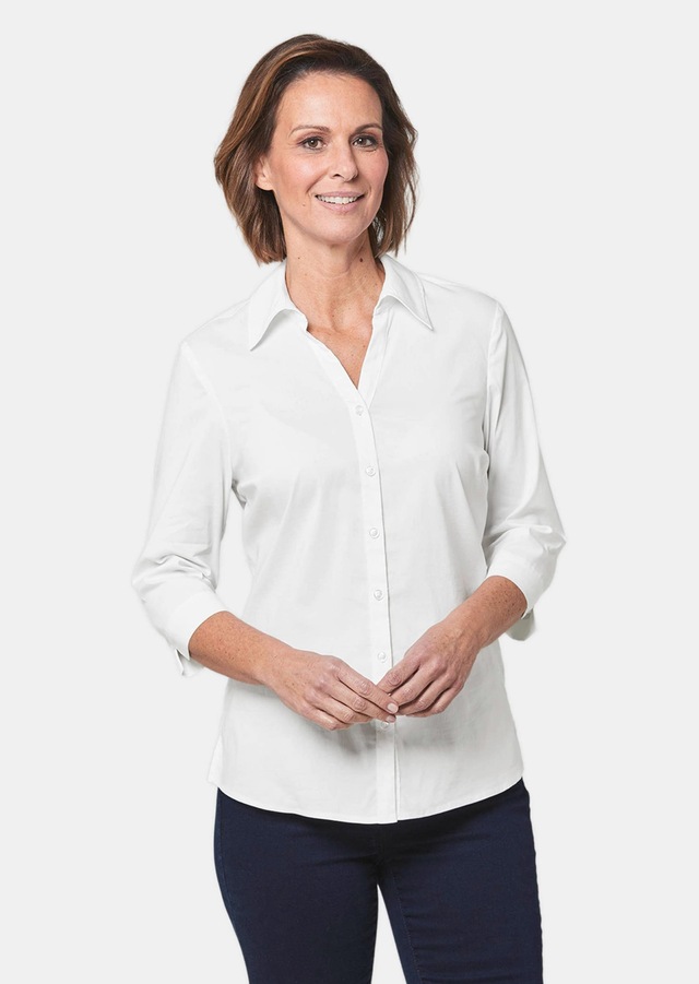 GOLDNER Hemdbluse »Kurzgröße Baumwollbluse mit offenem Hemdkragen« Bequemer 3/4-Ärmel mit Blende und Schlitz