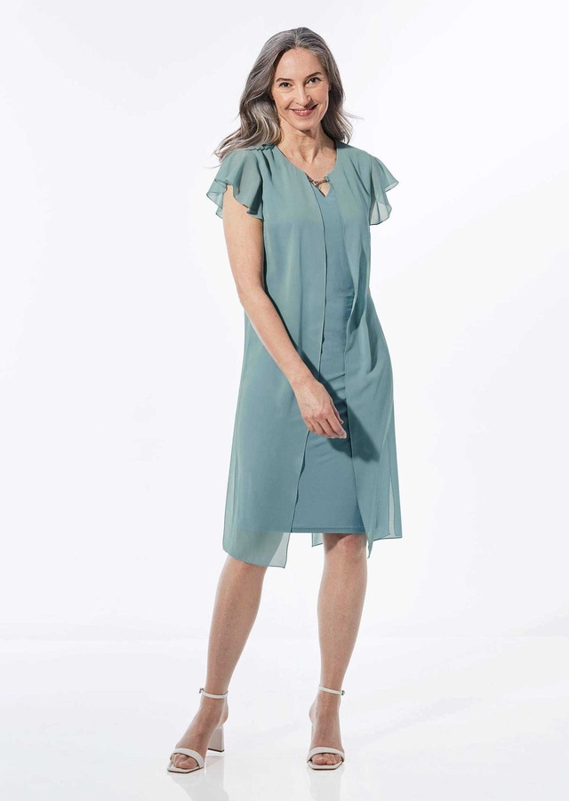 GOLDNER Abendkleid »Kurzgröße Etuikleid mit Chiffonüberwurf« Chiffon
