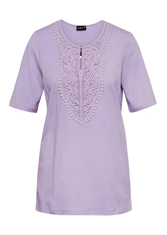 GOLDNER Kurzarmshirt »Kurzgröße Elegantes Jerseyshirt mit Rundhals« Effektvolle Häkelspitze