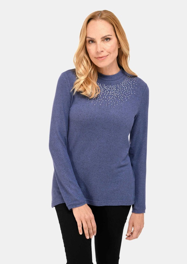 GOLDNER Longpullover »Kurzgröße Angenehm weiches Shirt mit Glitzersteinen« Mit tonigen Glitzersteinen vorn