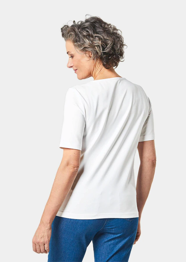 GOLDNER Langarm-Poloshirt »Kurzgröße Halbarm Basic-Shirt aus Baumwolle« Ausschnitt in Herzform mit Schmucksteinen verziert