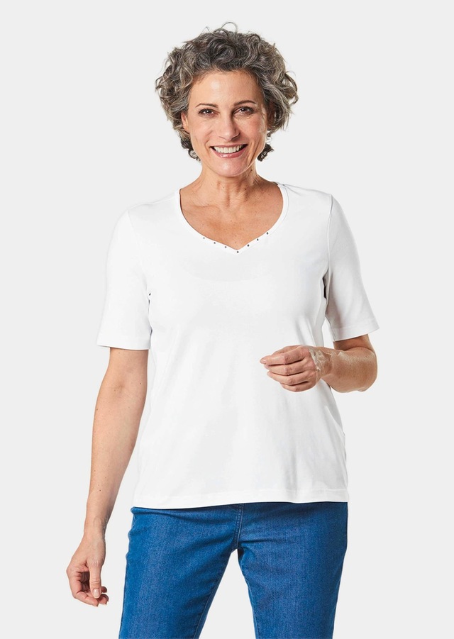 GOLDNER Langarm-Poloshirt »Kurzgröße Halbarm Basic-Shirt aus Baumwolle« Ausschnitt in Herzform mit Schmucksteinen verziert