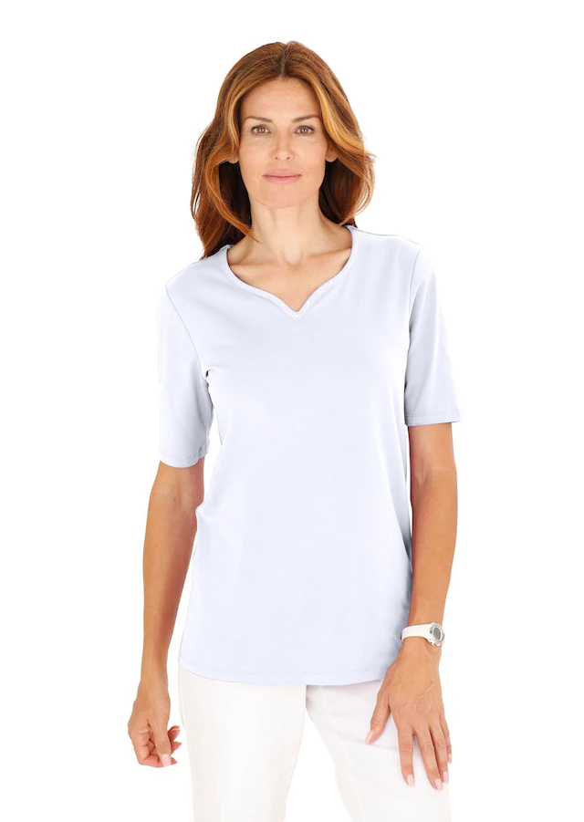 GOLDNER Langarm-Poloshirt »Kurzgröße Halbarm Basic-Shirt aus Baumwolle« Ausschnitt in Herzform mit Schmucksteinen verziert