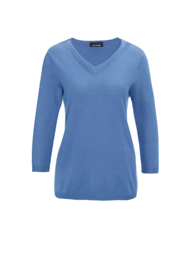 GOLDNER Rundhalspullover »Kurzgröße Baumwollpullover mit Ajour-Details« Mit hübschen Ajourdetails am V-Ausschnitt
