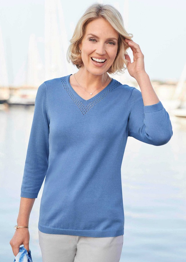 GOLDNER Rundhalspullover »Kurzgröße Baumwollpullover mit Ajour-Details« Mit hübschen Ajourdetails am V-Ausschnitt