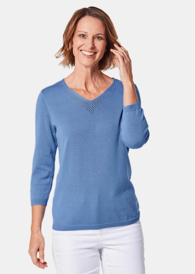 GOLDNER Rundhalspullover »Kurzgröße Baumwollpullover mit Ajour-Details« Mit hübschen Ajourdetails am V-Ausschnitt