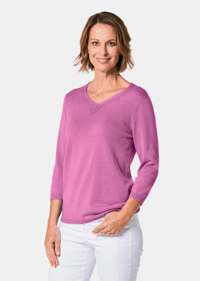 GOLDNER Rundhalspullover »Baumwollpullover mit Ajour-Details« Mit hübschen Ajourdetails am V-Ausschnitt