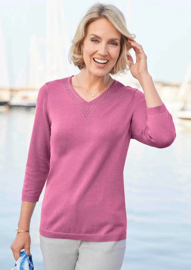 GOLDNER Rundhalspullover »Baumwollpullover mit Ajour-Details« Mit hübschen Ajourdetails am V-Ausschnitt