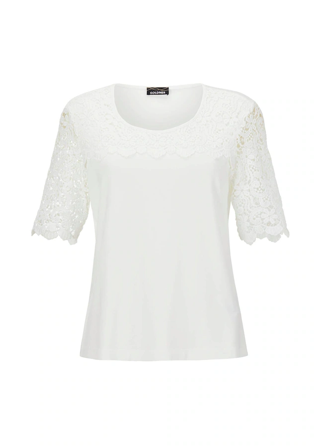 GOLDNER Langarm-Poloshirt »Kurzgröße Viskose-Blusenshirt mit Spitze« Ohne