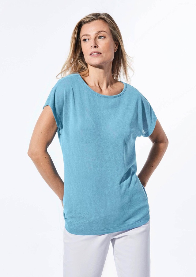 GOLDNER Kurzarmshirt »Kurzgröße Shirt in Leinenoptik« U-Boot-Ausschnitt