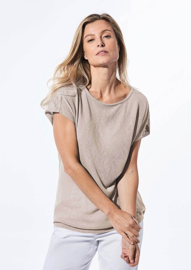 GOLDNER Kurzarmshirt »Kurzgröße Shirt in Leinenoptik« U-Boot-Ausschnitt