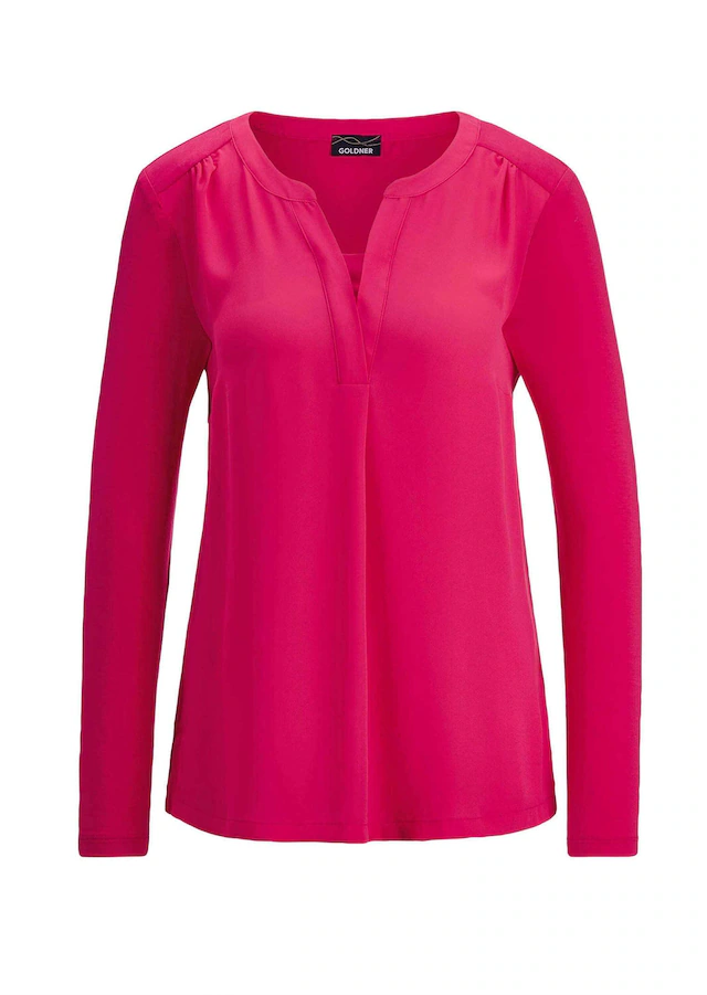 GOLDNER Kurzarmbluse »Kurzgröße Elegantes Chiffonshirt mit Jersey-Details« Schlitz
