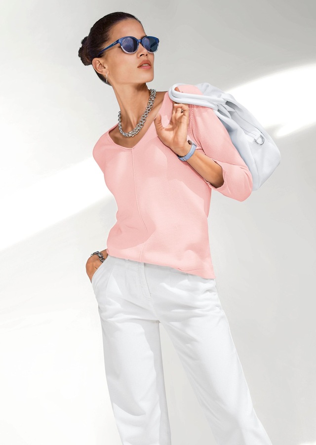 MADELEINE Longpullover »Strickpullover Schlichter Baumwollpullover mit V-Ausschnitt«