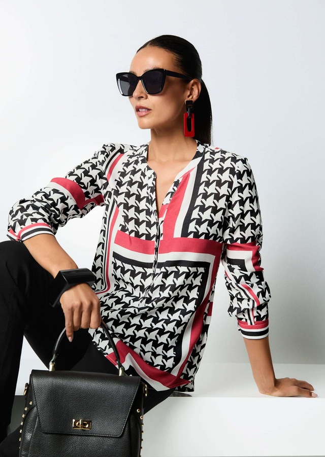 MADELEINE Langarmbluse »Tunika-Bluse Hahnentritt-Bluse mit V-Ausschnitt«