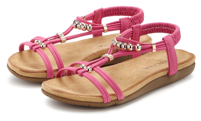 LASCANA Sandale »Sommerschuh, offener Schuh,« NEU mit elastischen Riemchen und kleinen Perlenelementen VEGAN