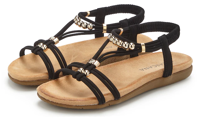 LASCANA Sandale »Sommerschuh, offener Schuh,« NEU mit elastischen Riemchen und kleinen Perlenelementen VEGAN
