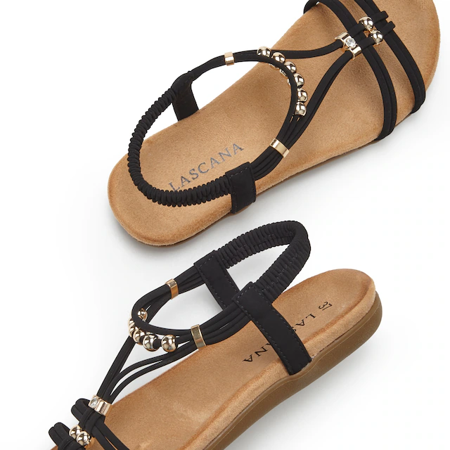 LASCANA Sandale »Sommerschuh, offener Schuh,« NEU mit elastischen Riemchen und kleinen Perlenelementen VEGAN