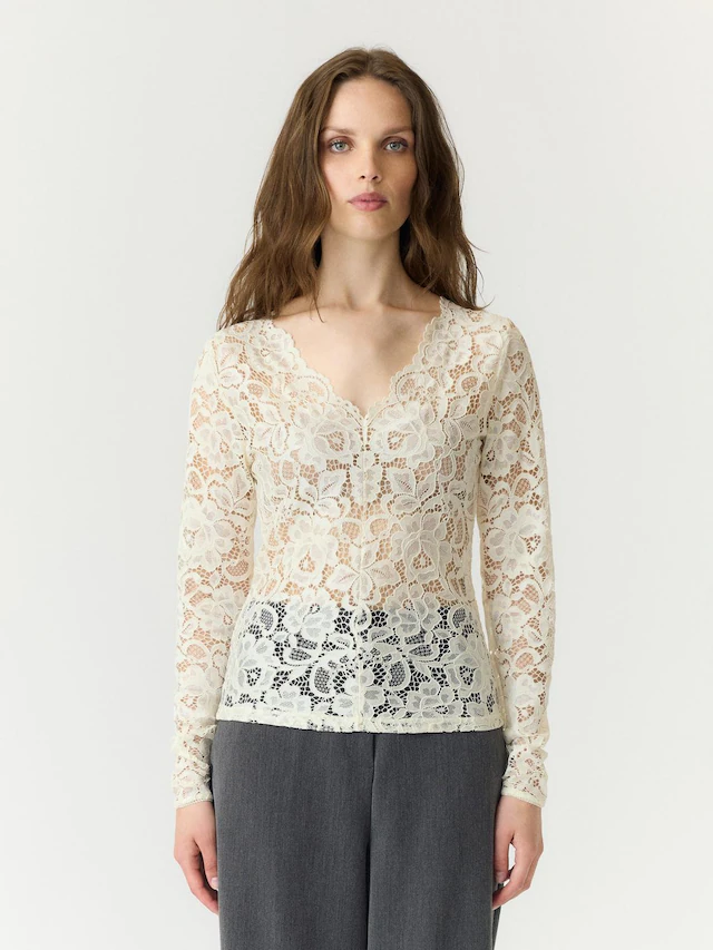 Y.A.S Langarmshirt »YASLACEY LS LACE TOP S. NOOS« Materialmix, slim fit